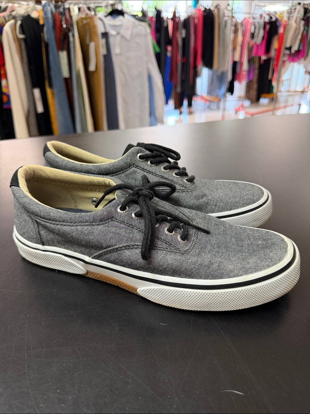 Sperry Gray Canvas Boat Shoes with Black Laces